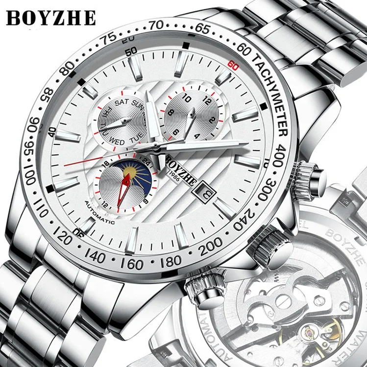 

BOYZHE Premium Silver Cae Silver Circle Metal Full Automatic Hand Watches For Men