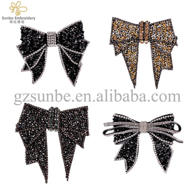 

Beaded Crystal Bow-knot Patches Diamond Applique Rhinestones Motifs Badges Sewing for Shoes Clothes Decorated can be customize, Black and white;gold and white
