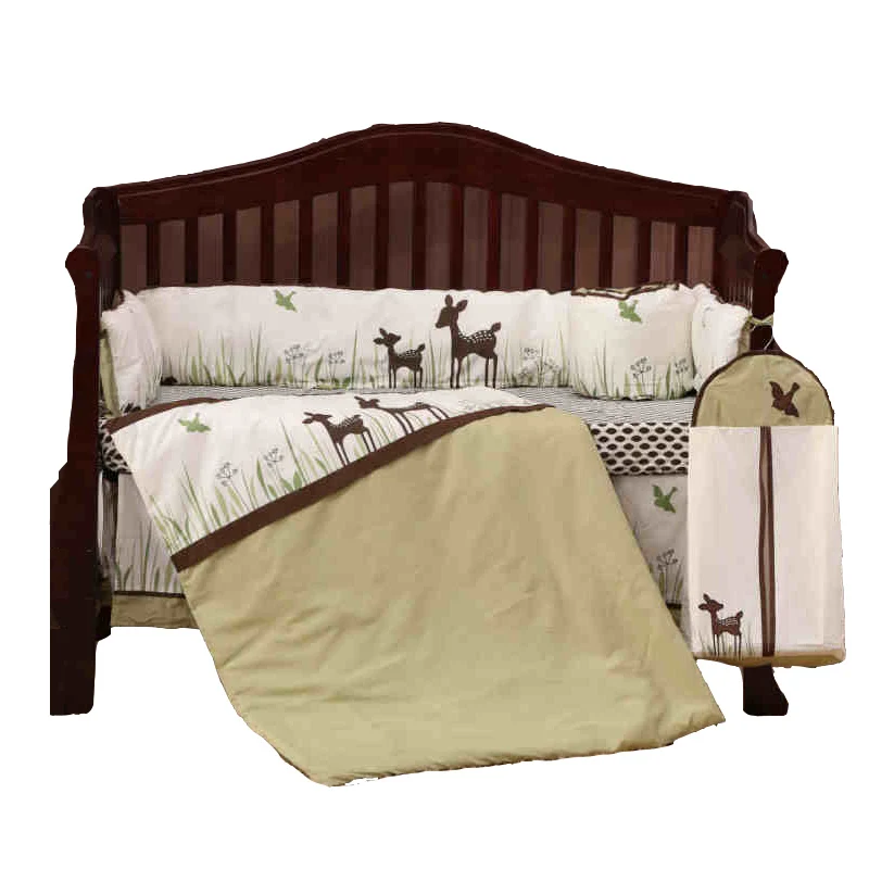 8Pcs Organic Cotton Crib Bedding Set Cartoon Deer Newborn Baby Bedding With Quilt Bumpers Fitted Sheet