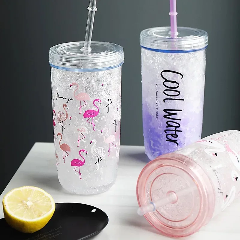 High quality Ice Cream Double Wall  Plastic cup Custom Print Drink summer cool cartoon with lid & straw cup