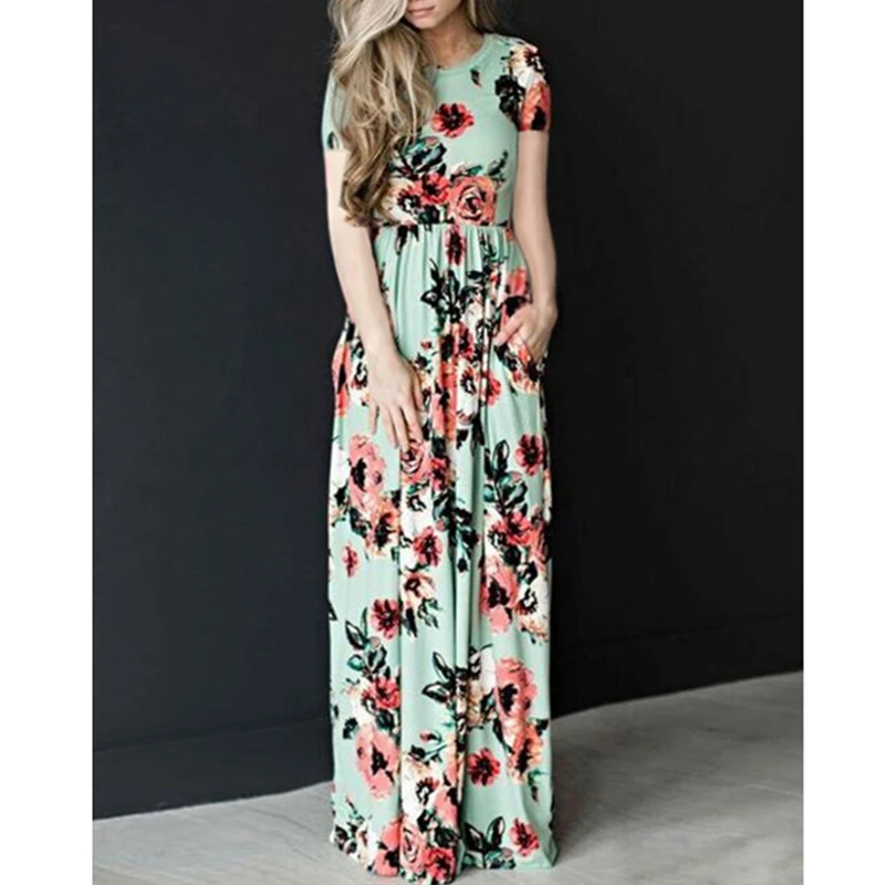 

Free Shipping Floral Print Full Length Summer Women Boho Maxi Dress