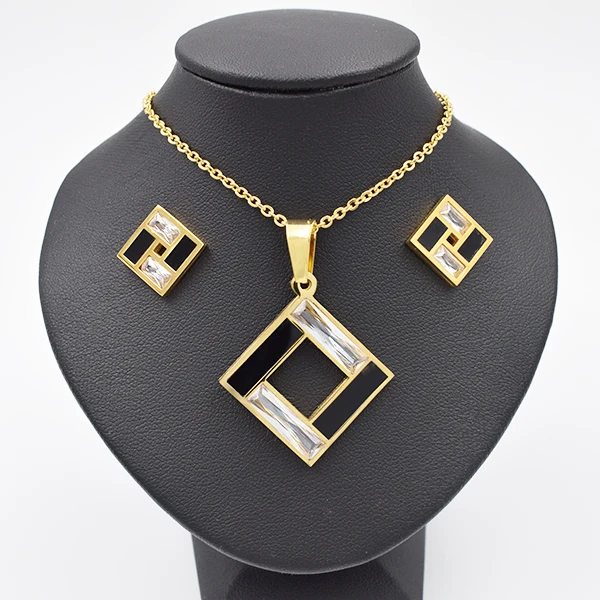 

Unique trend black white gemstone jewelry set female popular necklace pendant earrings high quality jewelry, 18k gold