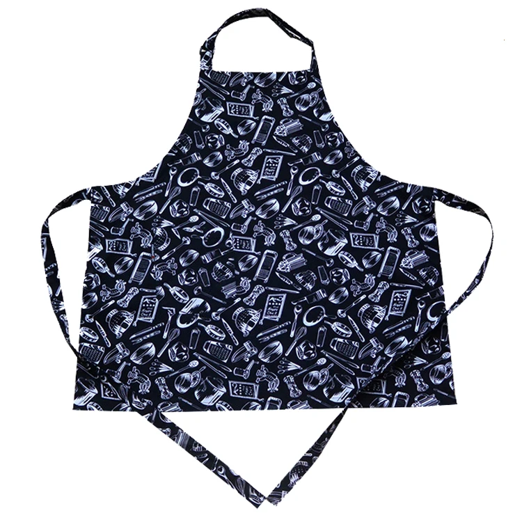 Black Cute Women Lady Printed Polyester Dress Cooking Apron For Home Kitchen with Pocket