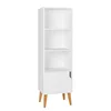 Modern white wood night stand bookcase with drawer beside sofa