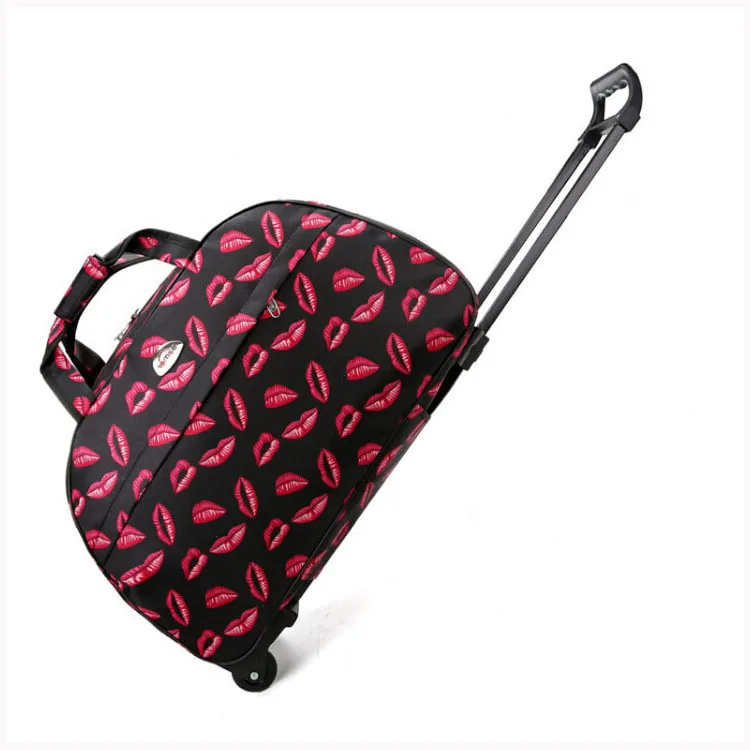 

Sexy Red Lips Print Large Container Waterproof Portable Trolly Wheeled Poll Rod Luggage Organizer Travel Duffle Bag