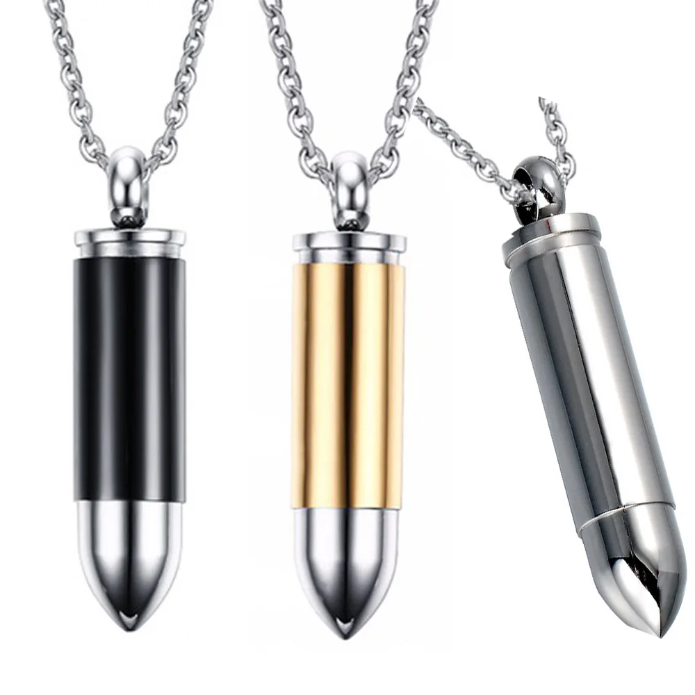 

Punk 3 Colors Bullet Shape Stainless Steel Cremation Pendant Necklace Pets Keepsake Urns for Ashes Gold Color Jewelry
