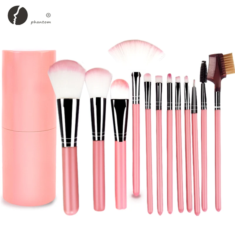 

Phantom 12pcs pink makeup brushes set professional de maquiagem women foundation eyebrow blushes brush with cylinder