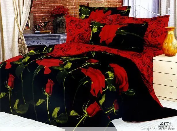 Black Red Rose Flower Design Queen Bed Quilt Duet Cover Sets 4pc