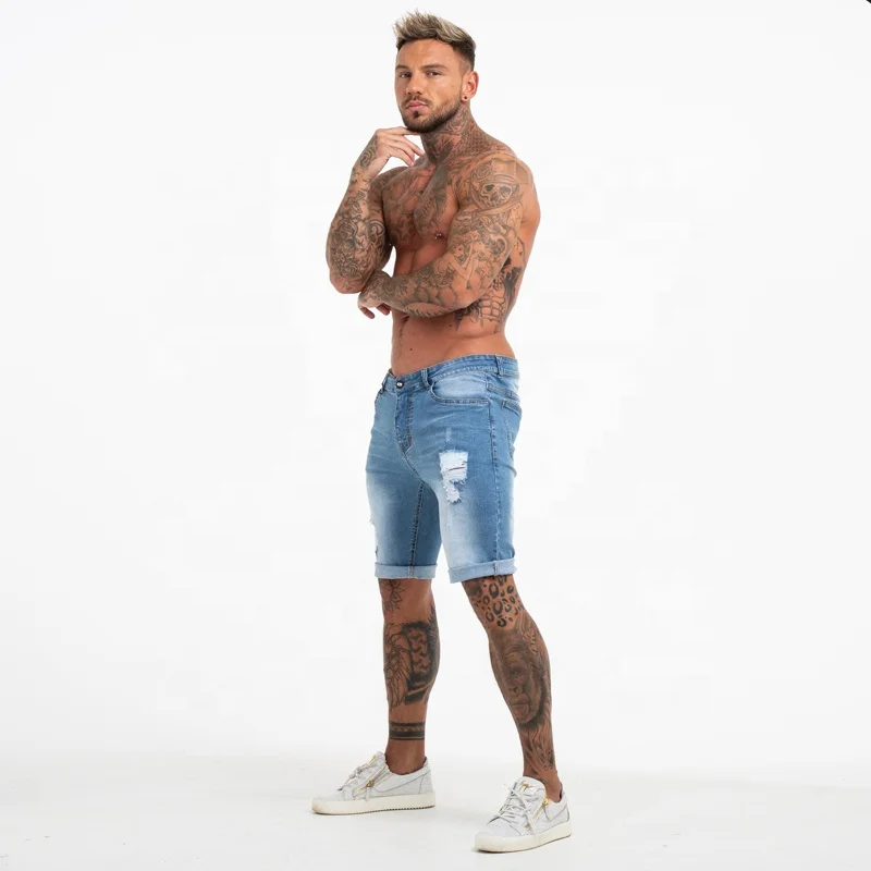 

Men Summer custom cotton skinny short shorts half pants athletic fitness ripped jeans 2 in 1 shorts for mens beach wear, Blue men shorts jeans