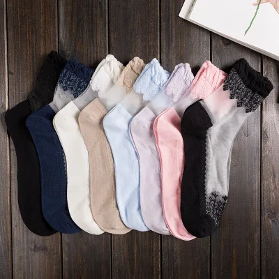2019 Women Lace Ruffle Ankle Sock Soft Comfy Sheer Silk Cotton Elastic Mesh Knit Frill Trim Transparent Women's socks