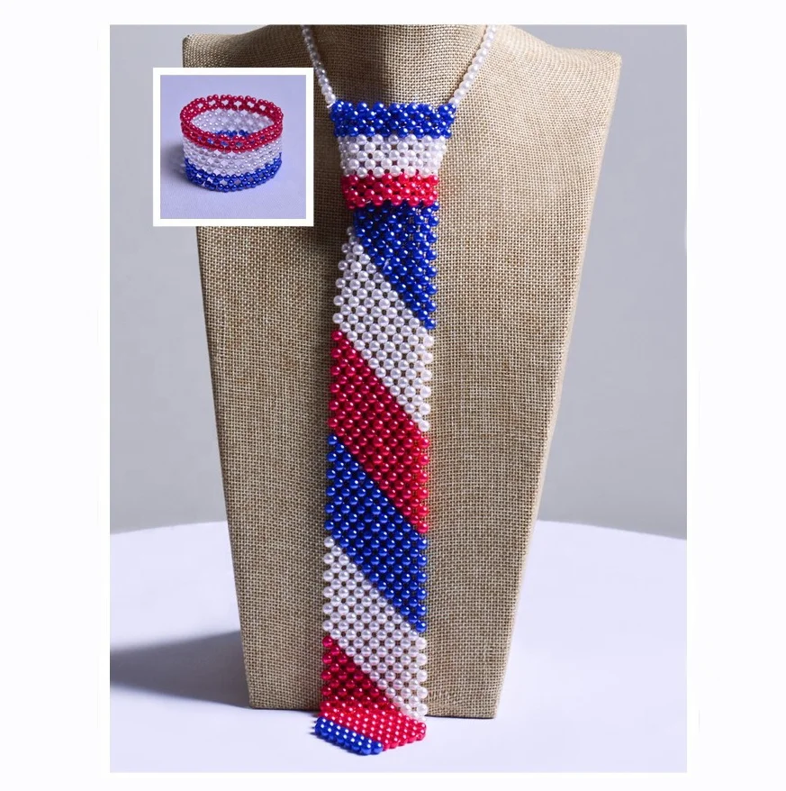 

INFANTA JEWELRY National Flag Pearl Long Knitted Ties Necktie Necklace Bracelet Set Performance Accessories Casual Arrow Necktie, N/a