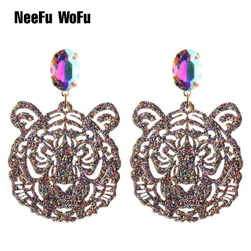 

NeeFu WoFu Drop Resin Cross Earrings Brand Crystal Big Earring Large Long Brinco Ear Accessories Tiger head earrings, Pink