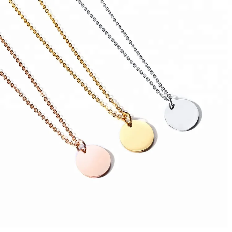 

Fashion High Quality Engraved Logo 316L Stainless Steel Round Plates Blank Pendant Necklace, Silver;gold;rose gold