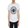 Oversized short sleeves cotton scoop hem t-shirt in white with contrasting print and distressed rips