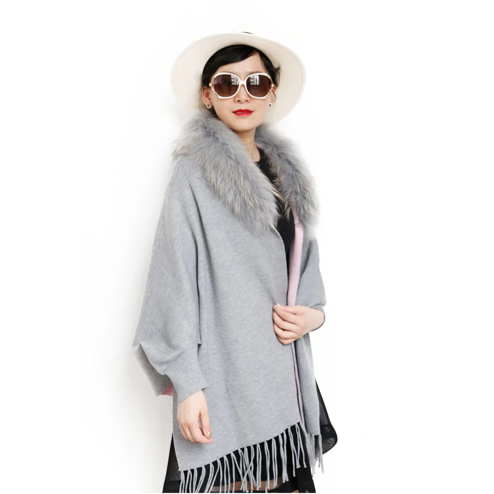 

Winter two colors sides lady fur long shrug with raccoon collar