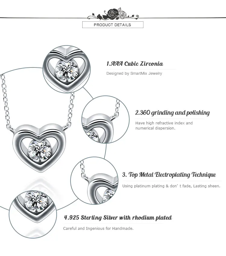 New Products 2019 Cubic Zirconia 925 Sterling Pure Silver Chain Heart 