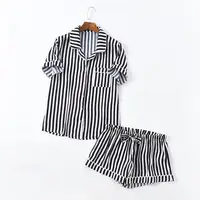 

Wholesale new adult summer short pajamas silk satin stripe print pajamas set women lounge wear sleep wear