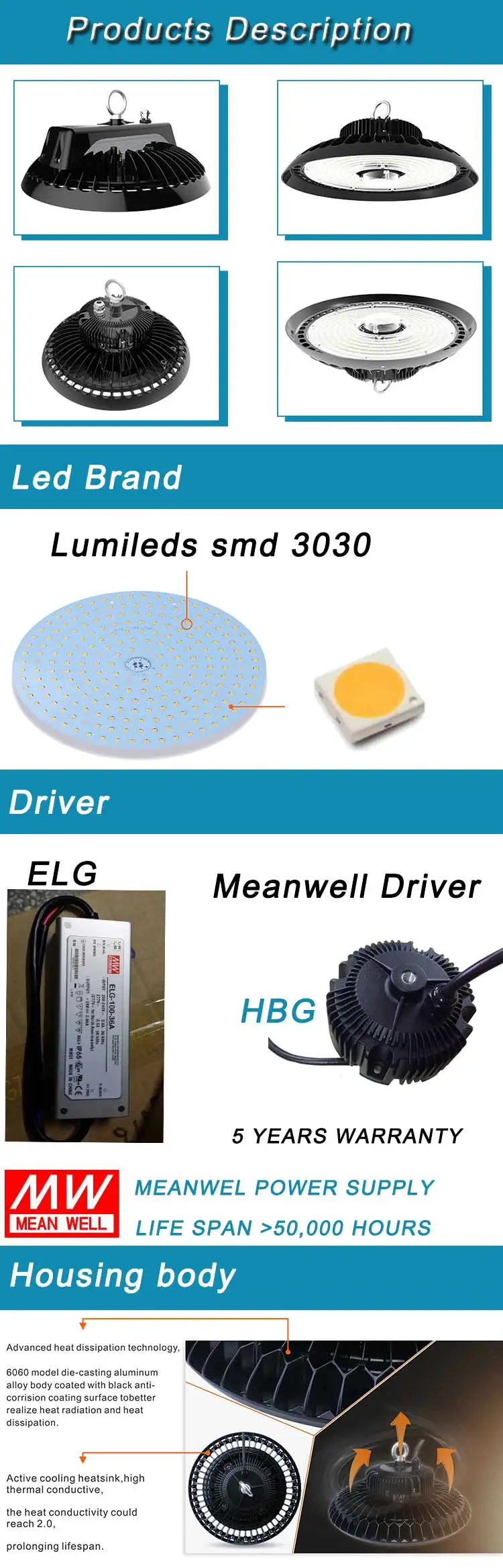 LED indoor lighting 100w 150w 200w ip65 led high bay light with Microwave induction