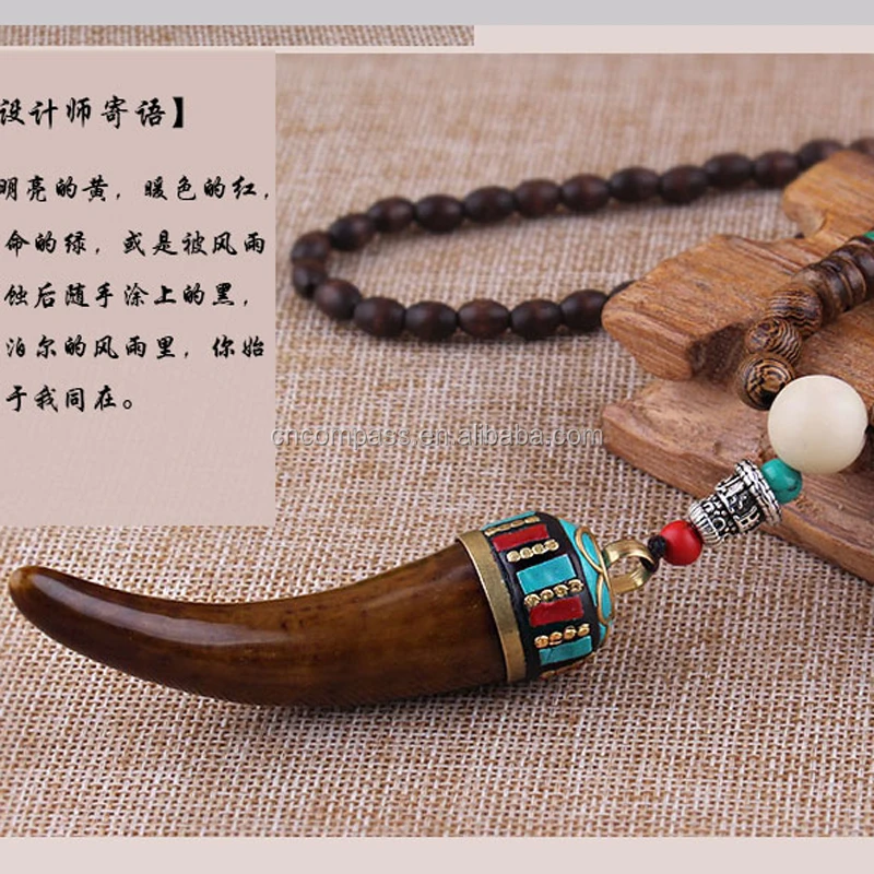 

Handmade Buddhist Mala Wood Beads Pendant Ethnic Necklace Horn Fish Long Statement Necklace For Women Men Nepal Jewelry, Gold