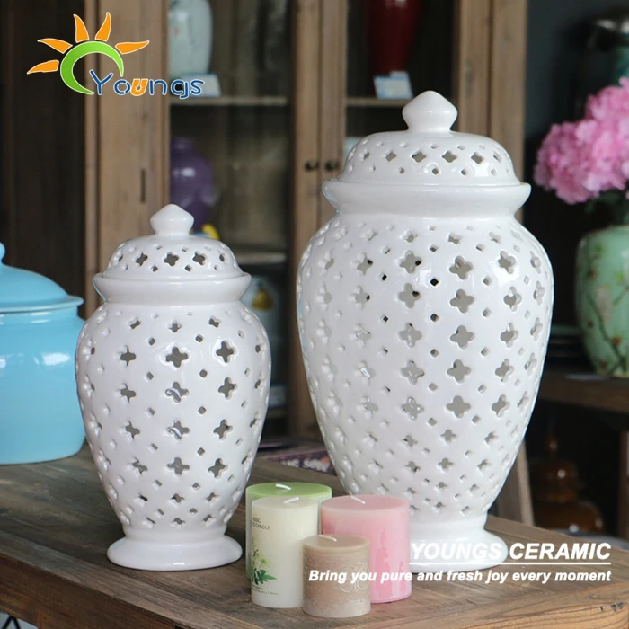 

Chinese White Color Cutout Porcelain Ceramic Temple Jar Ginger Jars