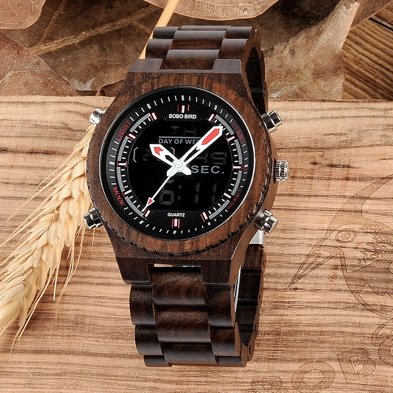 

BOBO BIRD P02-1 Luxury Top Brand Wooden Watches Men High Quality Dual Display Modish Men Watches Custom Alarm Clock, Red