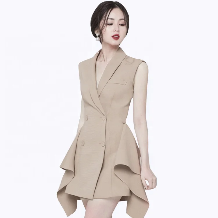 

MZ19308 New Double-breasted Business V-neck Women One-piece Office Dress