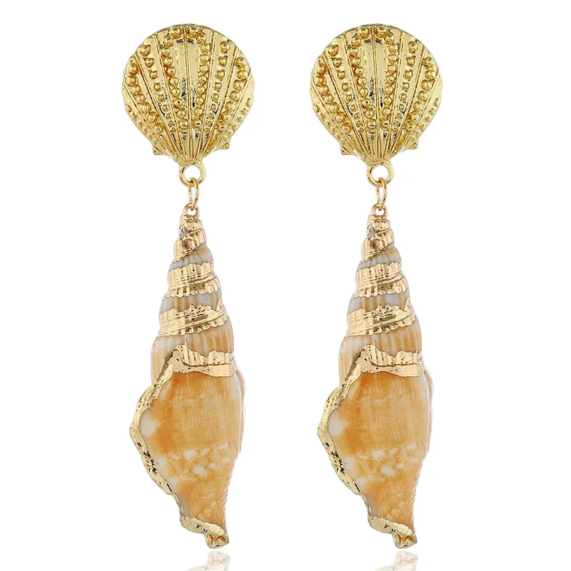 

Bohemian Natural Conch Drop Earrings For Women Gold Big Sea Shell Dangle Earrings (SK461), As picture