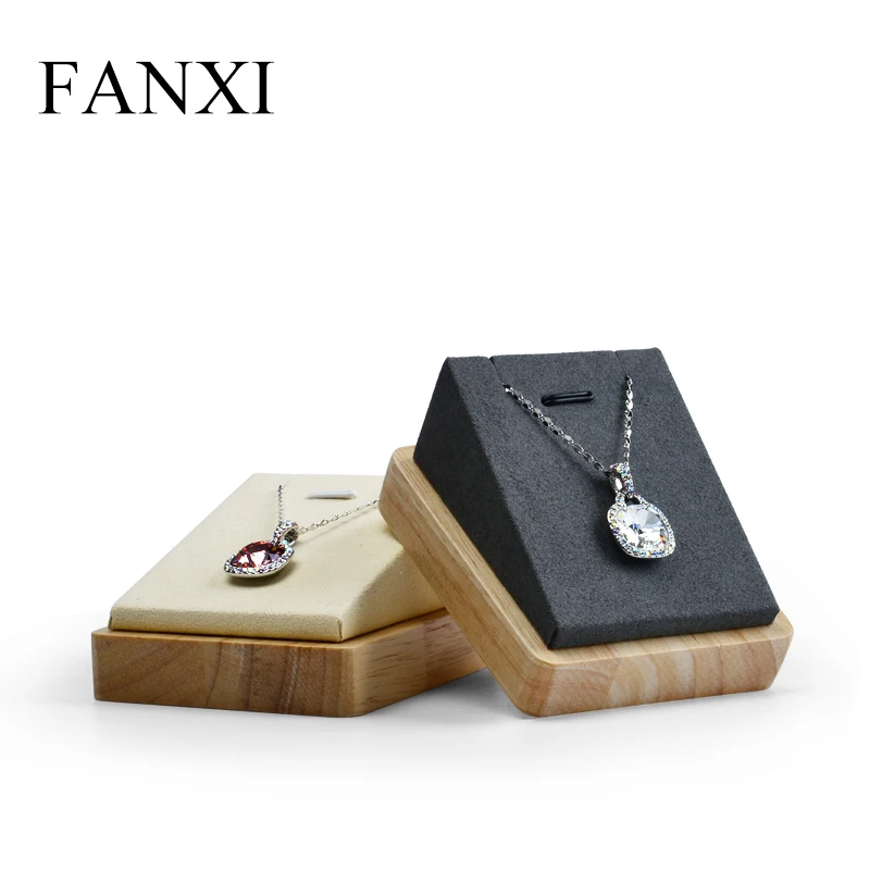 

FANXI Wholesale Custom Logo Beige And Dark Gray Color Wooden Jewelry Display Stand With Microfiber Necklace Display, Beige/dark gray