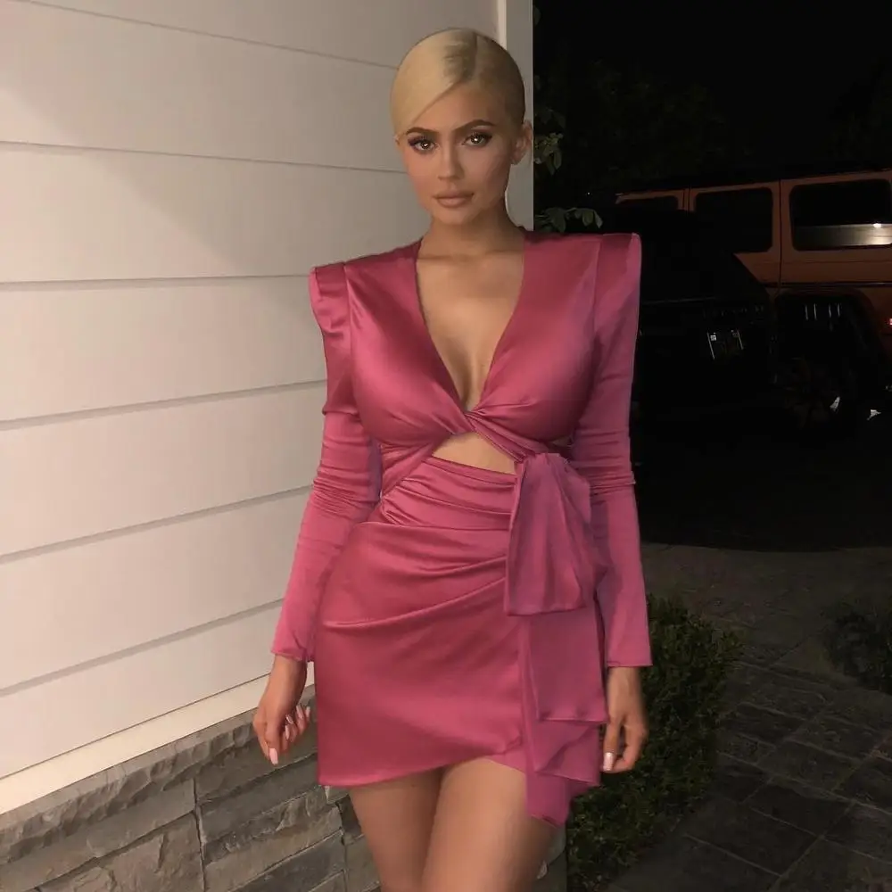 

2019 New Fashion Hot Pink Satin Style Night Party Front Cut Out Long Sleeves Blazer Back Zipper Closure Banquet Dress, Shown