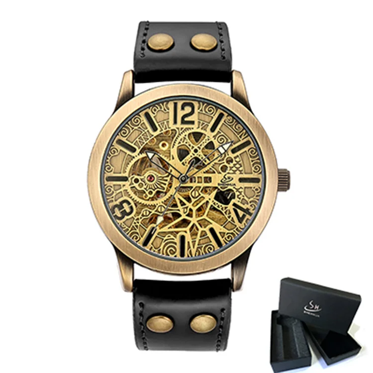 

SHENHUA 9269 Men Automatic Mechanical Watches Leather Strap Watch Fashion Vintage Bronze Skeleton Wristwatch, 2 colors
