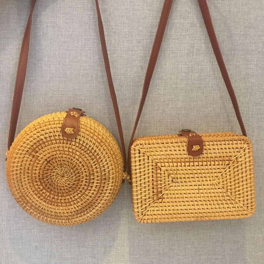 

2019 vietnam Summer beach shoulder bag handmade round weave round rattan bag Woman bohemian rattan bag, As picture shows