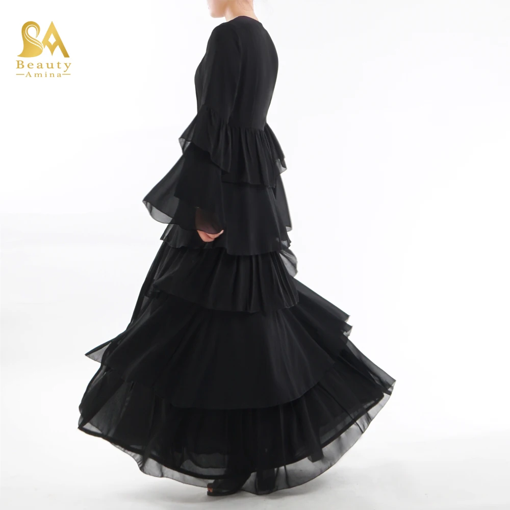 

2019 high quality chiffon open abaya ruffle pattern latest design muslim dress kaftan muslim evening dress Islamic clothing