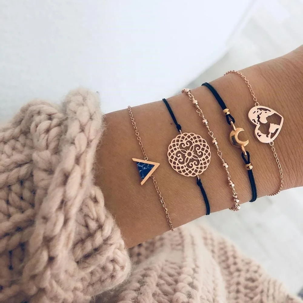 

Bohemian Black Beads Chain Bracelets Bangles For Women Fashion Heart Compass Gold Color Chain Bracelets Sets Jewelry Gifts