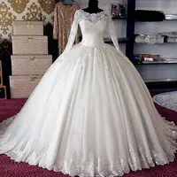 

2020 Real actual puffy appliqued beaded long sleeve customized plus size Lace Ball Gown Wedding dresses MWA182