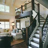 Wood straight staircase with timber steps and handrail