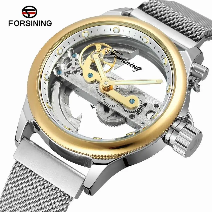 

Forsining Blue Ocean Mysterious Apple Mesh Band Double Side Transparent Creative Skeleton Watch Top Brand Luxury Automatic Clock, 6 colors