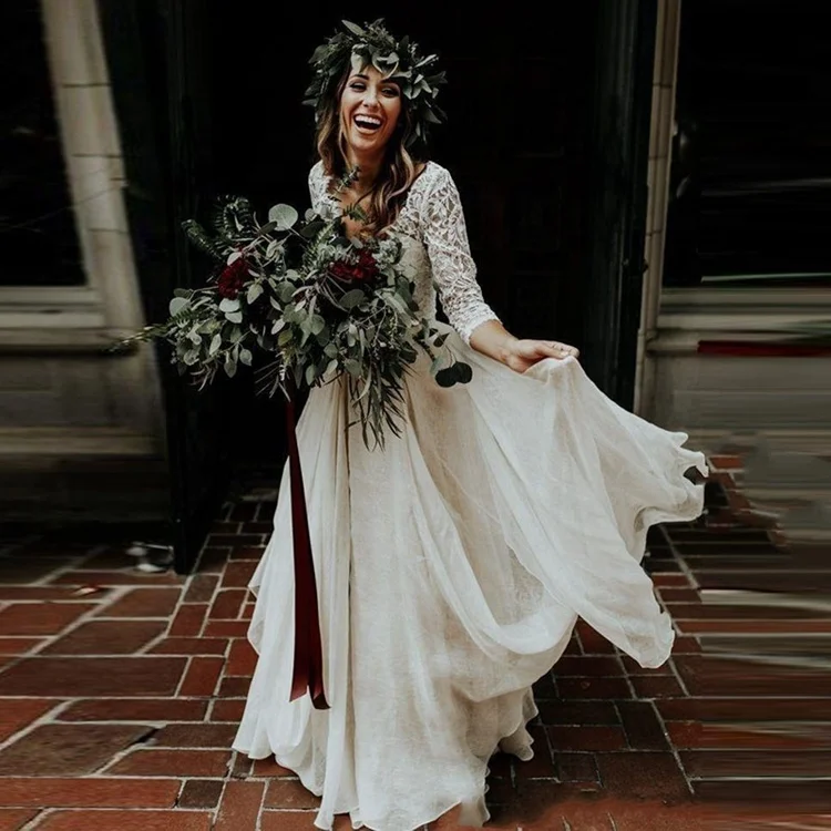 

#6230 2 in 1 Afghan Illusion Three Quarters Sleeve Two Pieces Bride Gown Wedding Dress Bridal Gown Lace, Ivory