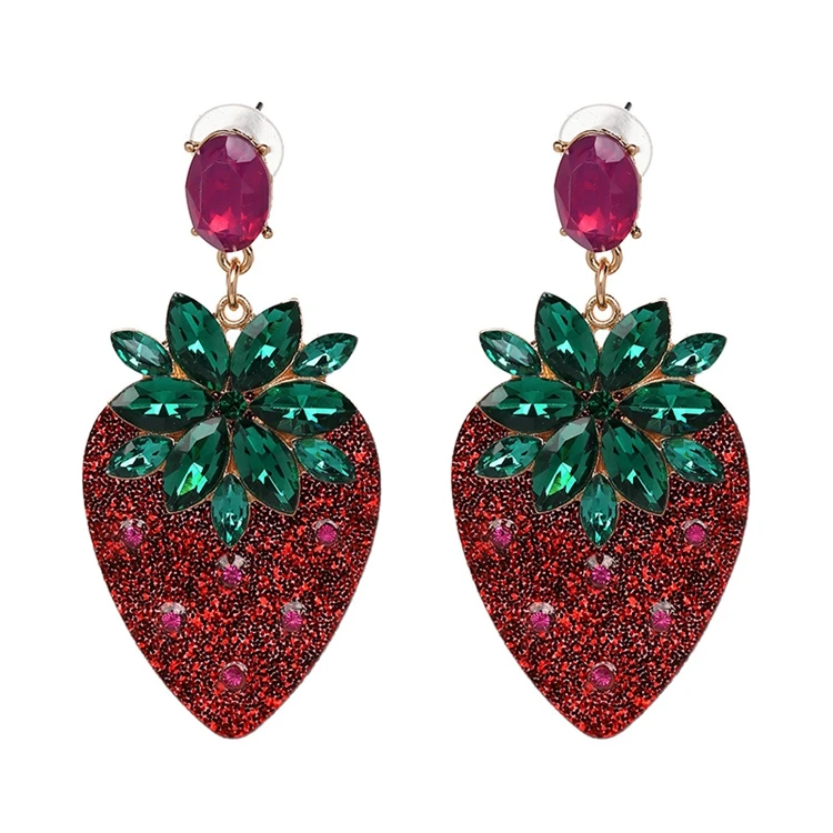 

ER-187067 Cluster Marquise Stones Glitter Detail Acrylic Resin Strawberry Shape Drop Earrings, Red