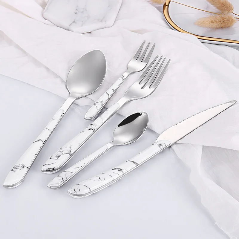 

Marble Design High Quality Stainless Steel Fork Spoon Knife Plastic Handle Cutlery Set Wedding Travel Flatware Set