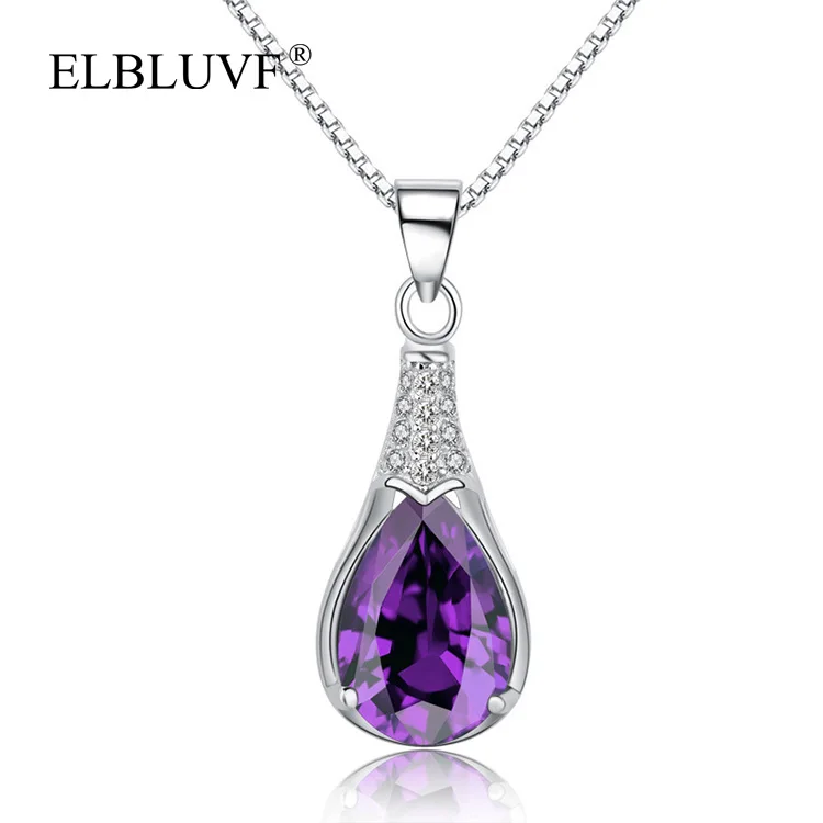 

ELBLUVF 925 Sterling Silver Chain Europe Womens Purple Zircon Waterdrops Necklace Jewellery For Wedding Valentine Gift