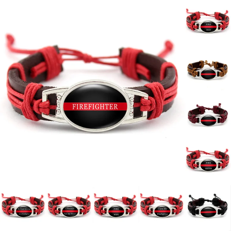 

Wholesale Fashion Adjustable Thin Red Line Fireman Firefighters Fire Mom Wife Aunt Sister Dad Wood Genuine Leather Bracelets, Silver plated