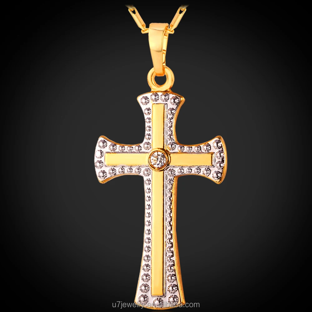 

U7 Two Tone Gold Cross Necklace Pendant for women 18K Gold & Platinum Plated Women/Men Jewelry vintage Religious Cross Necklace