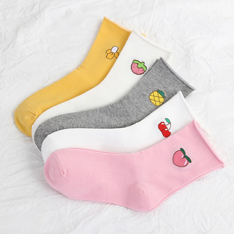 

Cute Cartoon Fruit Print Banana Cherry Peach Pineapple Strawberry Girls Kawaii Cotton Ankle Socks Embroidery Funny Socks, As shown