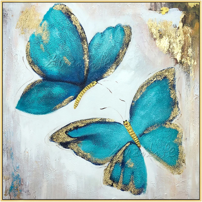 Gold Blue Butterfly Texture Hand Painting On Canvas Cheap Wall Art