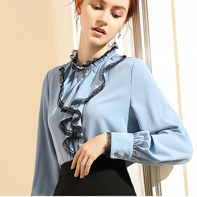 

New flounces lace shirt women long sleeve fashion black chiffon shirt loose