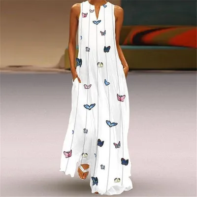 

2019 Ladies Elegant Butterfly Sleeveless Long Dress Plus Size Loose Casual Beach Dress S-5XL Coldker, As shown