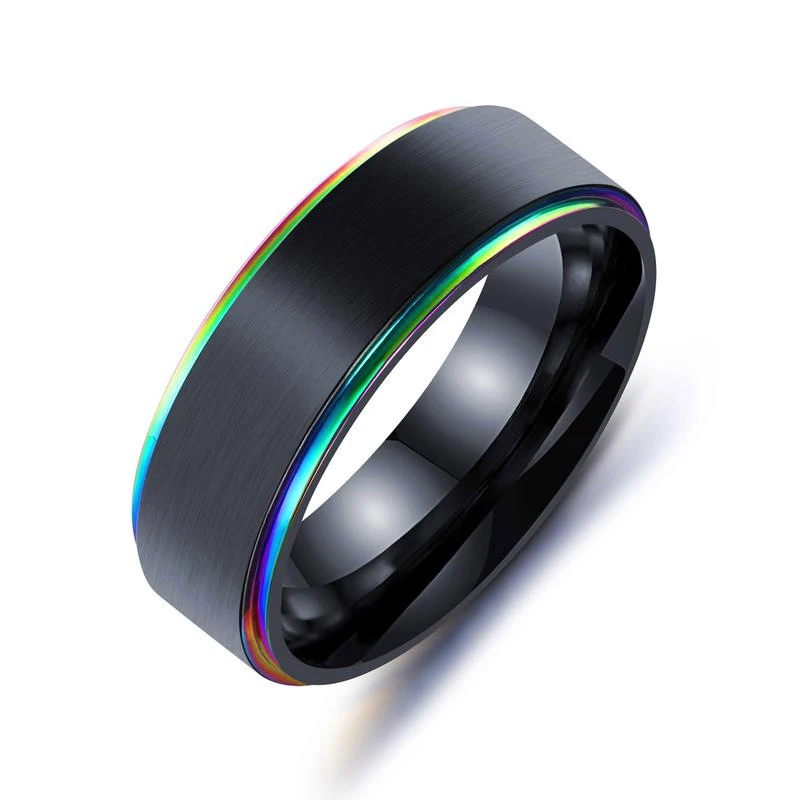 

YWMT Hot Sale Customized 7mm Side Multicolor Plating Black Stainless Steel Ring For Men, Multicolor/gold