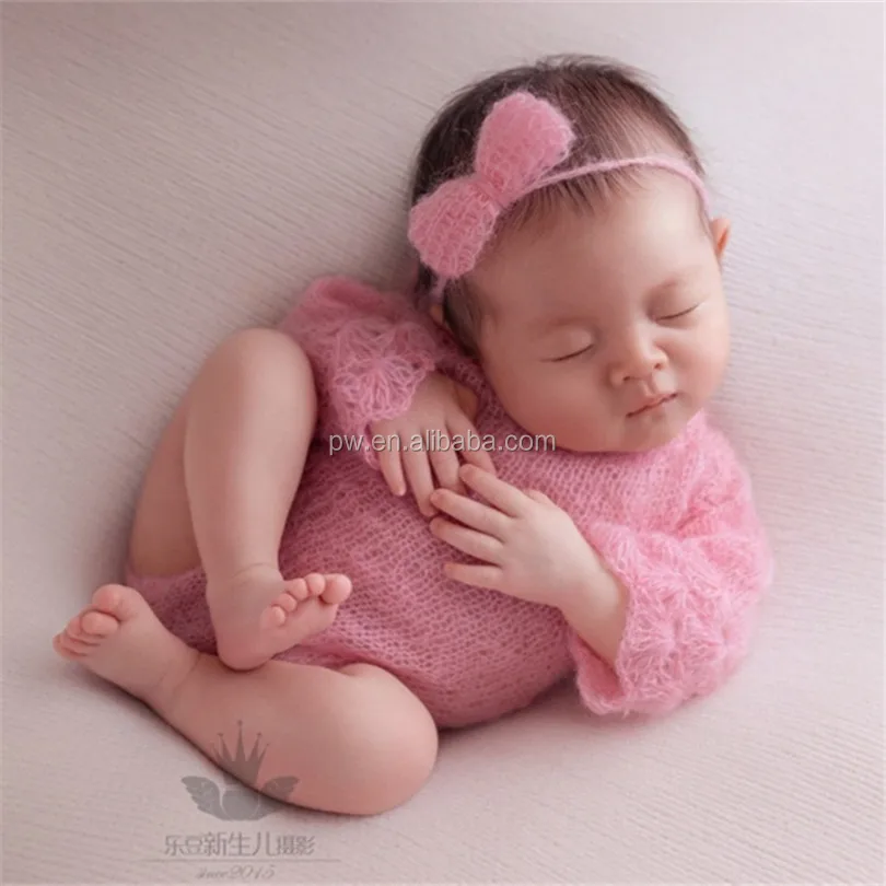 

Crochet Mohair baby romper and headband set Baby girl overall outfit photography props Newborn hooded romper Tieback set