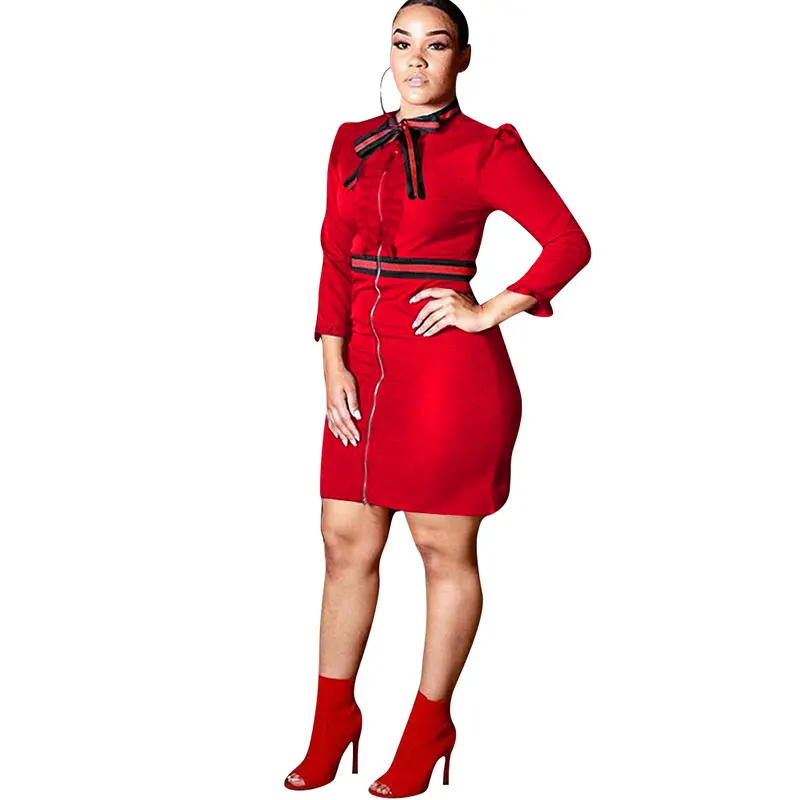 

New Product Hot-sale Striped Zipper Bow Ruffle Long Sleeve Bodycon Dress, N/a