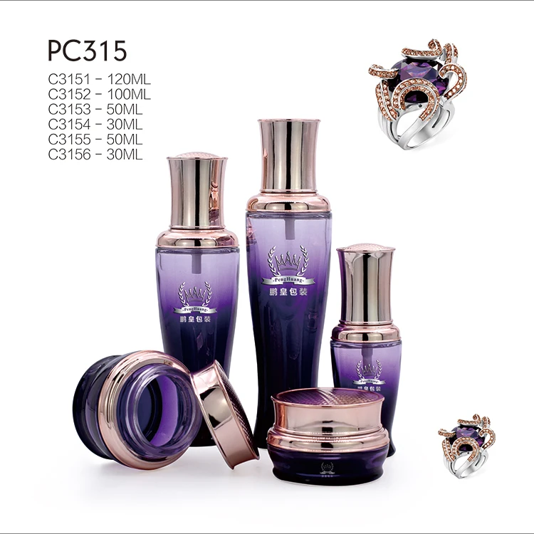 Luxury Purple Cosmetic Packaging Skin Care Cream Jars Lotion Pump Glass Bottles Set 30g 50g 30ml